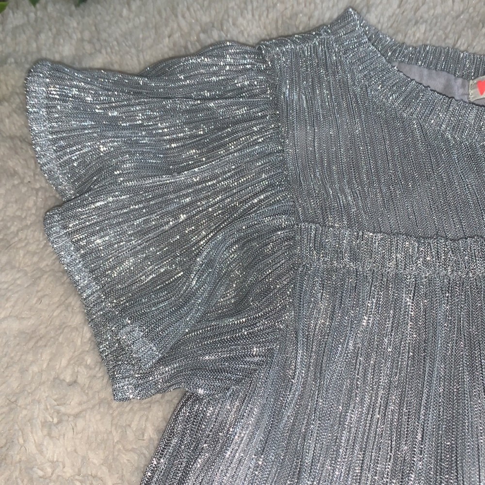Crewcuts 2 Shimmery Silver Top EUC Flutter Sleeves - Picture 3 of 8